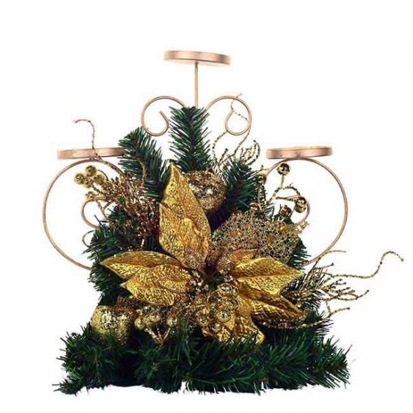 Portavela Triple Poinsettia Dorada